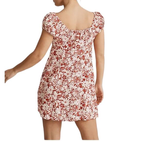 Madewell Margie Mini Dress 2P Red Abstract Floral Vintage Inspired Linen Blend - Picture 8 of 12